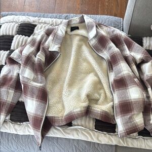 PacSun Brown and Cream Plaid Jacket with Sherpa Lining